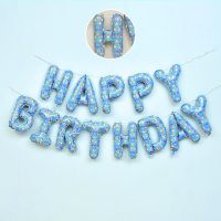 生日装饰宝宝一周岁布置气球女孩儿童主题派对场景布置男孩背景墙 蓝色生日快乐字母(送打气筒)