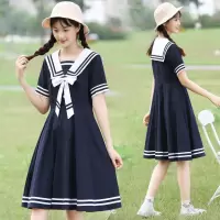 2021新款夏季学院风海军领短袖连衣裙子女学生韩版宽松显瘦中长裙