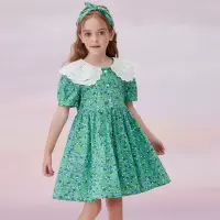 森林与孩子女童连衣裙2021夏季女孩娃娃领洋气碎花连衣裙学生裙子 绿色 110