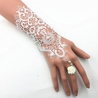 韩版饰品复古街头朋克时尚蕾丝手链带玫瑰花朵戒指一体链新娘 白色
