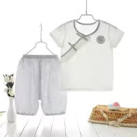 中国风汉服儿童短袖套装男女宝宝T恤两件套婴儿衣服1-3-5岁夏季薄 灰色汉服短袖套装 73