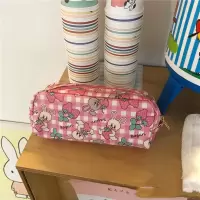 印花格子小兔笔袋文具用品收纳袋学生两色奶油杂货可爱风少女心 草莓兔笔袋（粉）