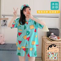 蜡笔小新同款空调服睡衣女士夏天短袖薄款冰丝家居服男ins卡通套 蜡笔小新同款(绿色)冰丝面料 M 110斤以下