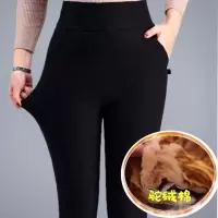 驼绒棉裤女外穿中老年高腰加厚小脚裤高弹冬季三层保暖裤打底裤子 纯黑色 2XL