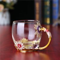 珐琅彩水杯家用水晶玻璃杯咖啡杯花茶杯女士创意耐高温杯子带把盖 雏菊款 矮杯-简装