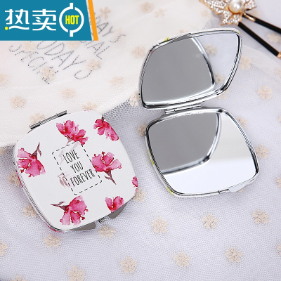 敬平时尚pu面镜韩式创意女士随身化妆梳妆镜迷你便携折叠小镜子双面镜便携式用镜 方形杜鹃花