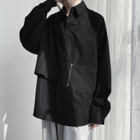 假两件衬衫男潮2021春季设计感小众高级感情侣原宿风垂感长袖衬衣 黑色 M
