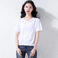 白色短袖女宽松2021夏季新款韩版高腰短款小个子t恤女v领印花上衣 白色-无图 XL