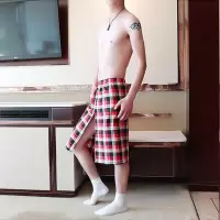 自由酷男士家居裤睡裙低腰印花格子休闲直筒浴裙开叉透气 红色 格子 M 33CM