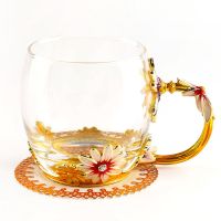 创意珐琅彩水杯家用咖啡杯软妹杯子少女心水晶玻璃杯果汁杯花茶杯 [简装-自用] 菊花矮杯-无勺