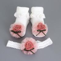 时尚韩版新款婴儿袜子 0-1-3-6个月春夏可爱卡通满月男女宝宝袜子 白袜玫瑰花发带袜子组合 S码适合0-3个月