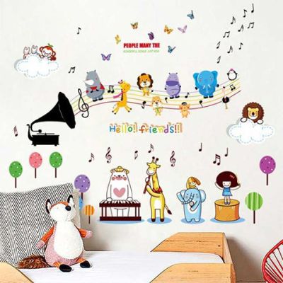 可爱动物卡通墙贴儿童卧室墙壁贴画宝宝儿童房间装饰墙上贴纸墙画|精选组和:动物音符+动物演唱会