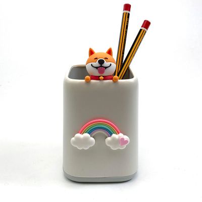 创意个性可爱卡通公仔笔筒桌面收纳盒时尚儿童学生文具办公室摆件|灰方筒+[柴犬+彩虹](单个装)
