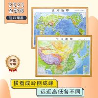 【共2张】中国世界地图2020年新版地图3d立体凹凸地形图43cm1.1米