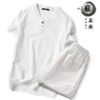 棉麻套装男中国风棉麻t恤长袖大码宽松复古休闲两件套装 1976 白色2扣(短袖+短裤) M
