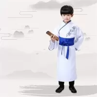 汉服儿童古装开笔礼国学书童演出服小学生弟子规三字经儿童汉服男 绣花蓝色男_ 110cm