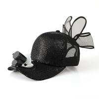夏季亲子款儿童可充电风扇帽子宝宝蝴蝶结棒球帽户外休闲鸭舌帽 成人码55-60cm黑色