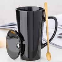 大容量男生马克杯带盖勺陶瓷水杯咖啡杯家用情侣杯子女办公室创意 黑色