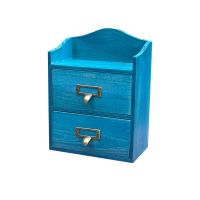 桌面抽屉式收纳盒分隔多层办公室桌上小盒子书桌神器学生复古实木 圆头两抽蓝色