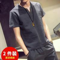2件装夏季亚麻短袖t恤麻料v领中式潮半截袖中国风男装棉麻上衣