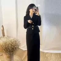 黑金年代vintage风气质复古港风修身黑色西装套装裙2021秋季新款