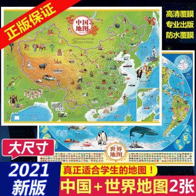 中国地图和世界地图2021 学生版 大尺寸中国和世界地图挂图大图 [正版]中国+世界挂图 2张