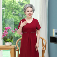 红色连衣裙 XL [建议80-105斤] 中老年人薄款宽松女装妈妈裙子60奶奶V领短袖连衣裙老太太A字裙子