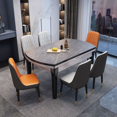 岩板餐桌椅组合 现代简约可伸缩折叠圆桌大小户型餐厅家具