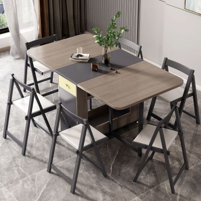 折叠餐桌小户型家用现代简约餐桌椅组合长方形简易伸缩饭桌折叠椅