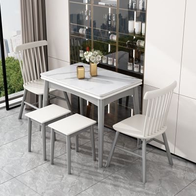 北欧实木简约现代岩板可折叠餐桌小户型家用伸缩餐桌椅子组合