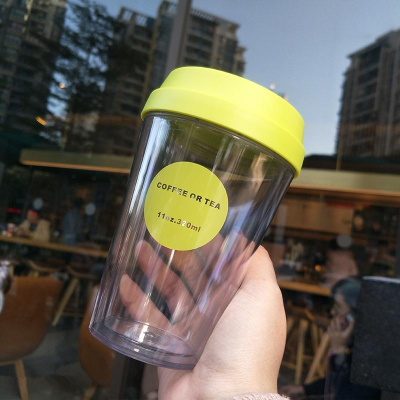 韩版简约双层隔热透明咖啡杯奶茶杯男女士大容量推盖塑料水杯家用