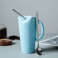 创意简约个性陶瓷马克杯大容量喝水杯带盖勺吸管男女生办公室家用 第二款蓝色 带吸管+勺