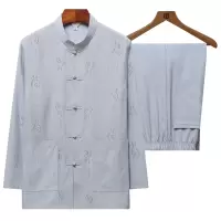 福字长袖灰色 165[套装] 棉麻长袖衬衫棉麻唐装男套装中老年中式两件套中国风男士2020夏季