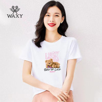 WAXY2022新款毛绒玩具熊印花女T恤短袖上衣外穿个性气质遮肚子潮