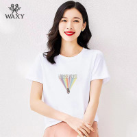WAXY纯棉韩版彩虹短袖t恤女装2022年新款体恤夏季上衣女士打底衫