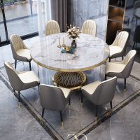 轻奢大理石餐桌椅组合意式圆桌现代简约家用带转盘圆形岩板吃饭桌