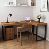 实木转角书桌家用电脑桌L型台式墙角办公桌子简约铁艺拐角写字台