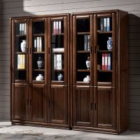 全实木书柜胡桃木现代新中式书橱二三门自由组合落地带玻璃门储物