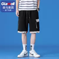 GLEMALL简约时尚休闲短裤沙滩裤潮流碎边设计侧边口袋字母纯棉