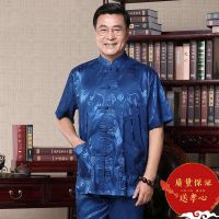纹龙套装]蓝色 165[建议95-120斤] 中国风男士唐装短袖套装爸爸爷爷两件套中老年人生日宽松大码衣服