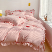 粉草莓 0.9m床[床单款三件套]-适用150x200被子 韩版床裙款四件套少女心荷叶边床品公主风被罩床单被套单人三件套