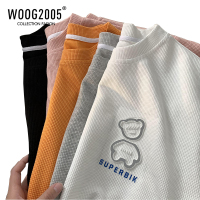 WOOG2005橙色高克重磅华夫格T恤oversize小熊短袖男正肩五分袖夏