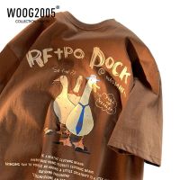 WOOG2005美式复古t恤oversize棕色短袖男夏季小黄鸭情侣款七分袖