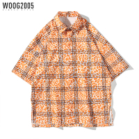 WOOG2005 豹纹格子宽松衬衫男夏季潮流短袖衬衣方领高级感体恤衫