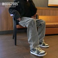 WOOG2005美式hiphop裤子男夏季潮复古烟灰色牛仔裤男宽松直筒长裤
