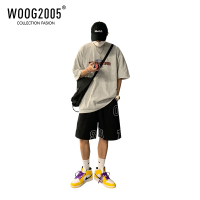 WOOG2005高级感男装短裤夏季薄款美式hiphop帅气宽松黑色情侣裤子