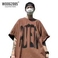 WOOG2005美式复古t恤oversize潮牌棕咖色短袖男夏季vintage七分袖