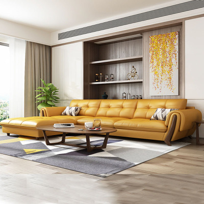 实木别墅真皮沙发头层牛皮现代简约客厅轻奢大小户型北欧黄色沙发