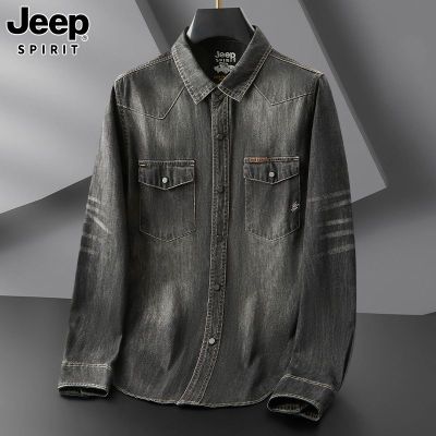 JEEP SPIRIT男士牛仔衬衫做旧时尚潮流长袖休闲复古衬