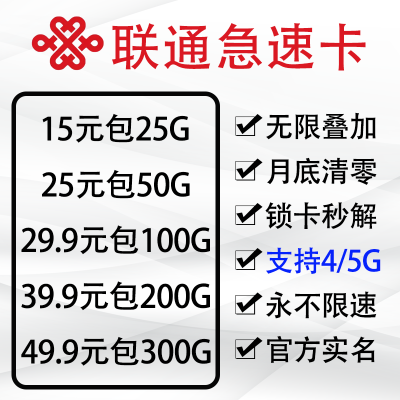 中国联通流量卡无限流量上网卡无限通用流量不限速29.9-100G高速流量卡